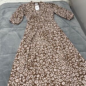 Long Sleeve Floral Dress, Brown and Pink NET